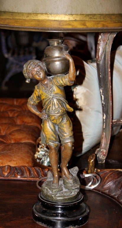 20th Century Pair of French  Spelter Figural Lamps with Custom Shades