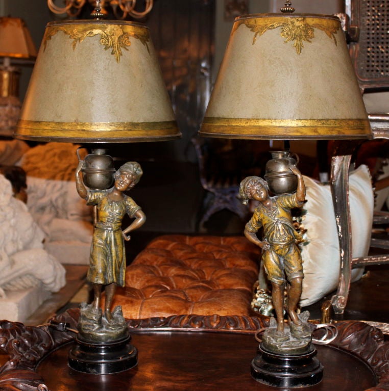 Pair of French  Spelter Figural Lamps with Custom Shades 2