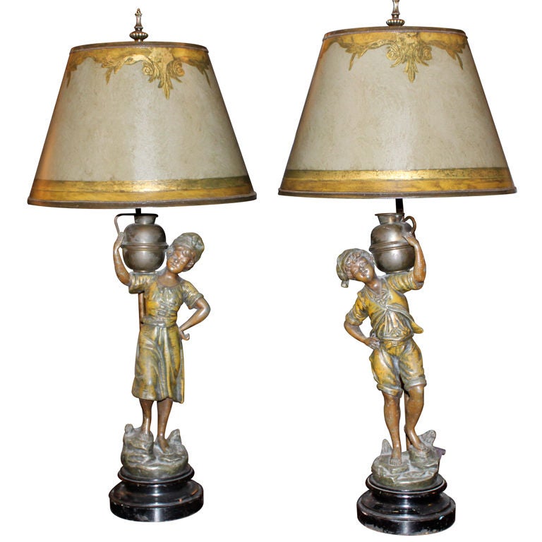 Pair of French  Spelter Figural Lamps with Custom Shades