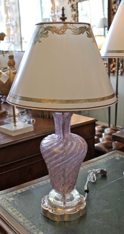 Pair of Lavender Murano Lamps with Custom Painted Shades C. 1930