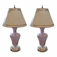 Pair of Lavender Murano Lamps with Custom Painted Shades C. 1930