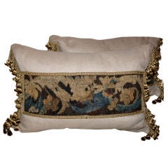 Pair of 18th C. Tapestry Pillows on Linen with Tassel Fringe