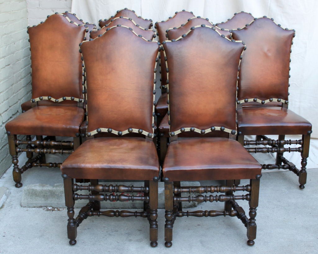 Set of (10) Italian Leather Dining Chairs C. 1900's