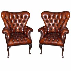Pair of Leather Tufted Wingback Armchairs C. 1900's