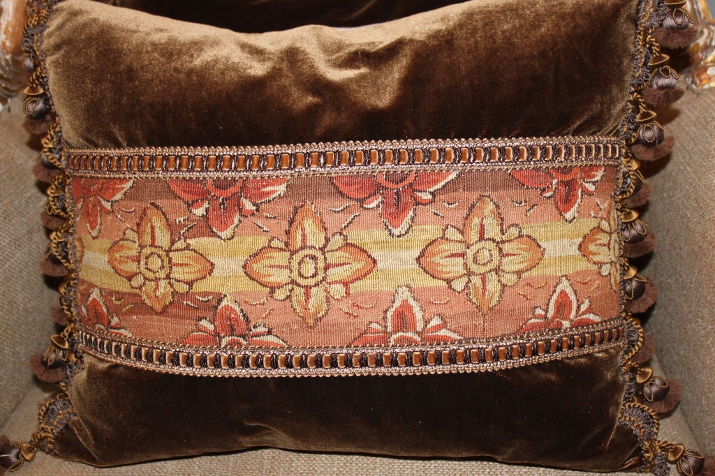 Rococo Pair of 18th Century Tapestry Pillows on Silk Velvet with Trim
