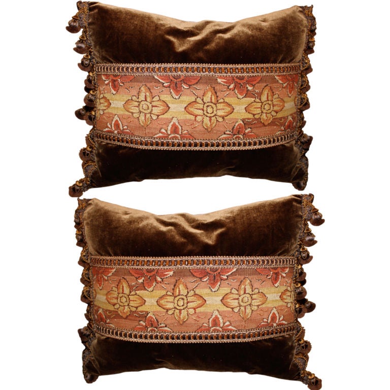 Pair of 18th C. Tapestry Pillows on Silk Velvet with Trim For Sale at