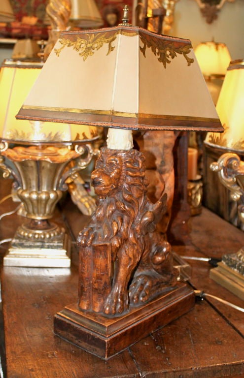Pair of Carved Venetian Lions with Painted Parchment Shades