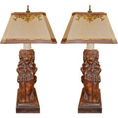Pair of Carved Venetian Lions with Painted Parchment Shades