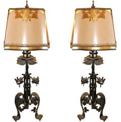 Pair of Wrought Iron Lamps with Hand Painted Shades