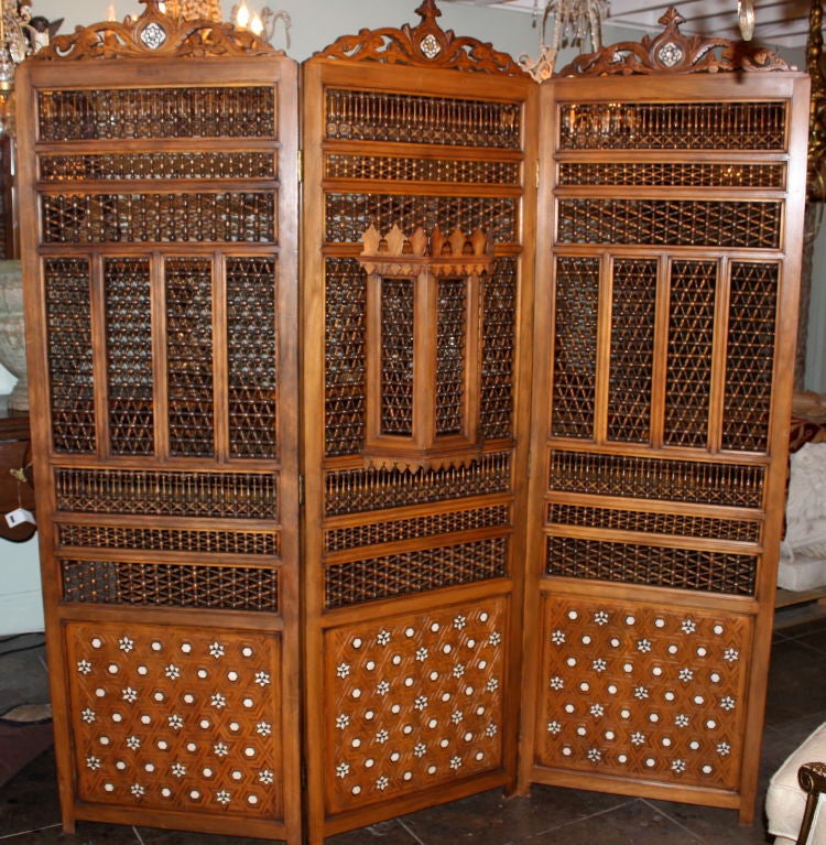 Inlaid Carved Wood Moroccan Style (3) Panel Screen.