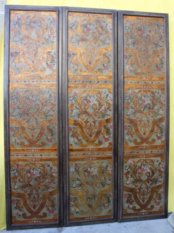 19th C. Leather Embossed 3-Panel Polychrome Screen