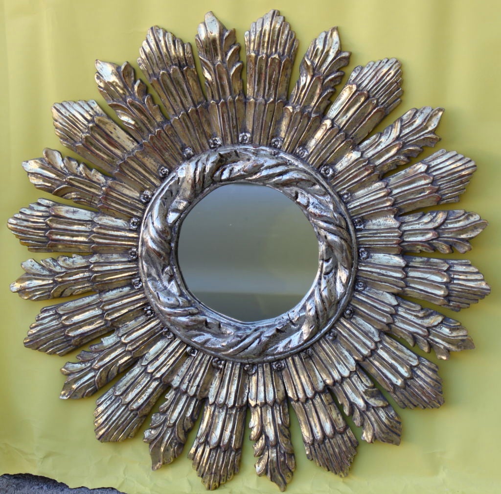 Pair of Carved Silver & Gold Gilt Starburst Mirrors