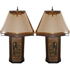 Pair of Tole Chinoiserie Lamps with Custom Painted Shades