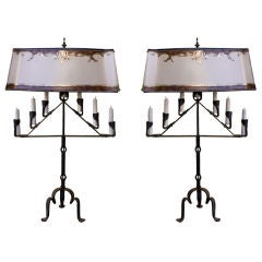 Pair of Spanish Wrought Iron Lamps with Hand Painted Shades