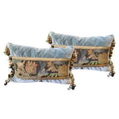 Pair of 18th C. Tapestry Pillows on Silk Velvet with Trim