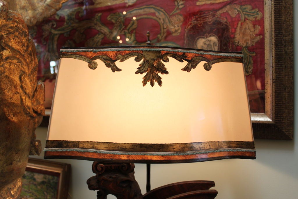 European Pair of Carved Griffin Lamps with Parchment Shades C. 1930