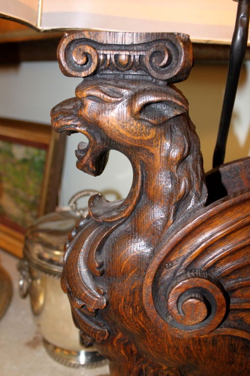 Mid-20th Century Pair of Carved Griffin Lamps with Parchment Shades C. 1930