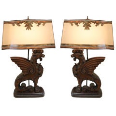 Pair of Carved Griffin Lamps with Parchment Shades C. 1930