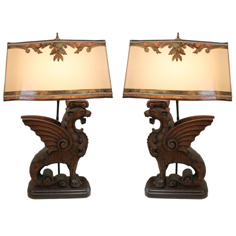 Pair of Carved Griffin Lamps with Parchment Shades C. 1930