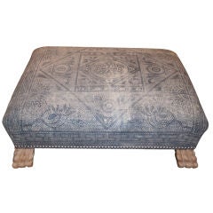 Vintage Linen Upholstered Ottoman with Paw Feet