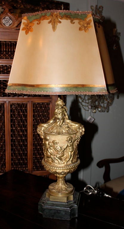 Pair of 19th C. Cherub Bronze Urn Lamps with Custom Shades