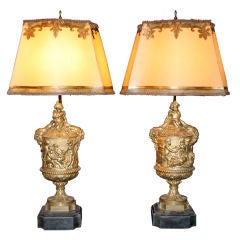 Pair of 19th C. Cherub Bronze Urn Lamps with Custom Shades