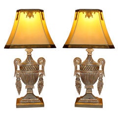 Pair of Carved Painted 
Parcel Gilt Urn Lamps with Custom Shade