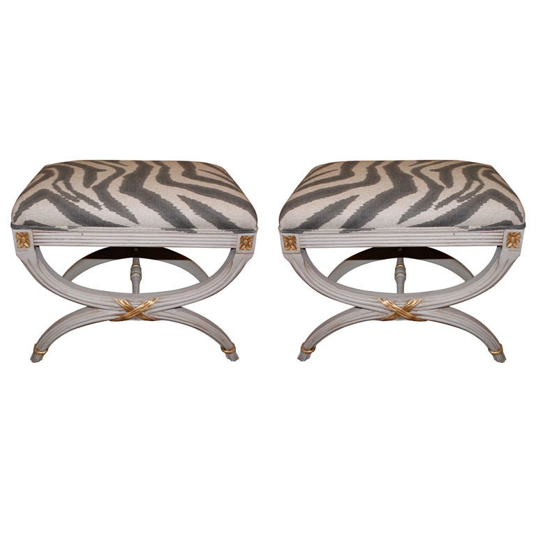 Pair of Italian Painted & Parcel Gilt Stools