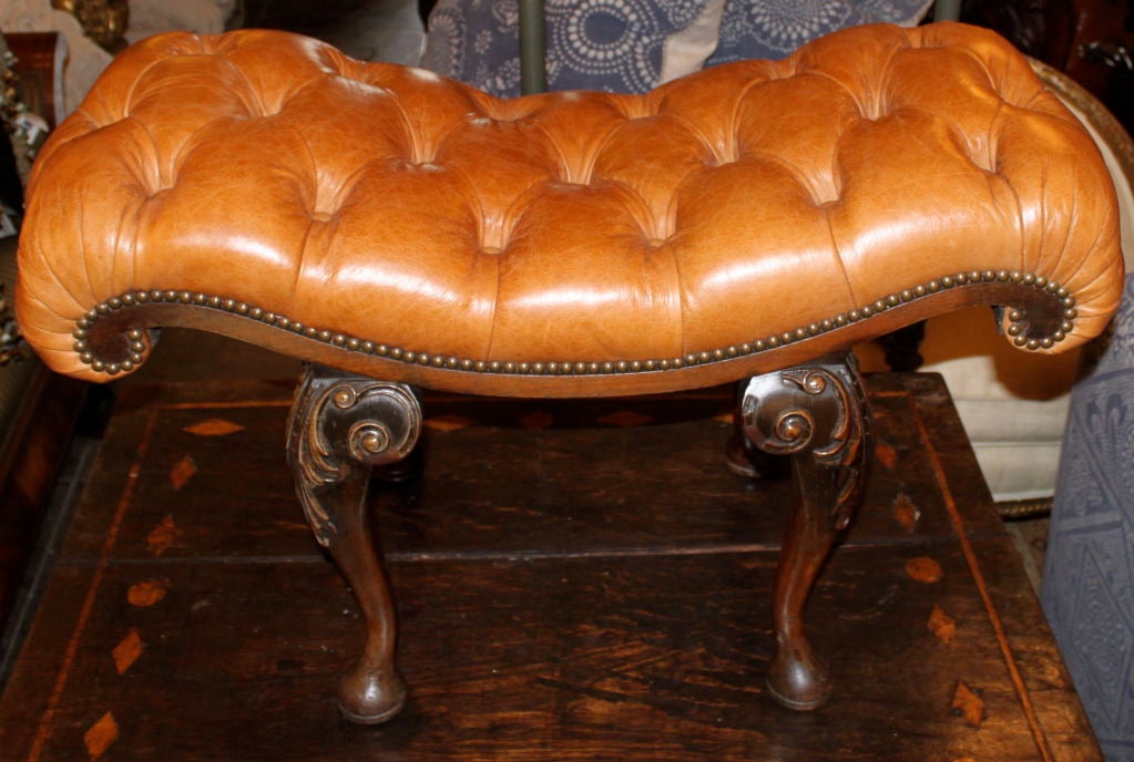 19th C. Leather Tufted Bench