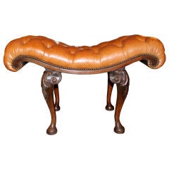 19th C. Leather Tufted Bench