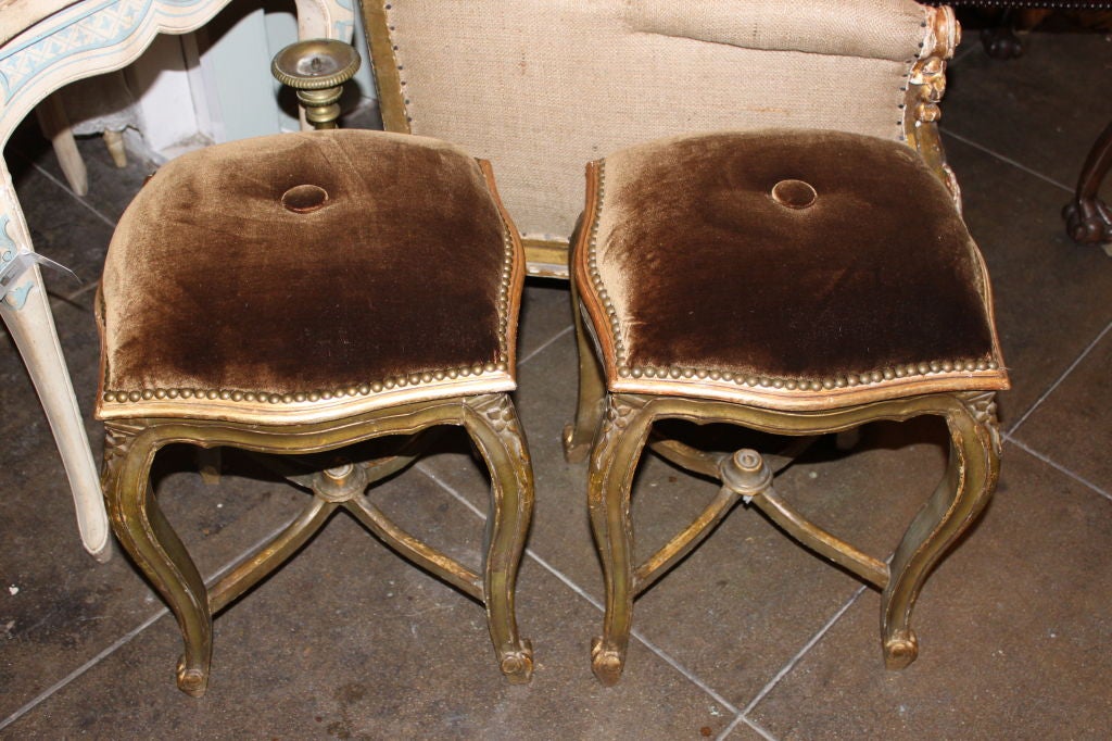 Pair of Gilt Wood Benches with Silk Velvet Upholstery