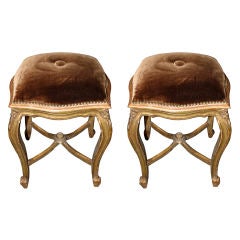 Pair of Gilt Wood Benches with Silk Velvet Upholstery