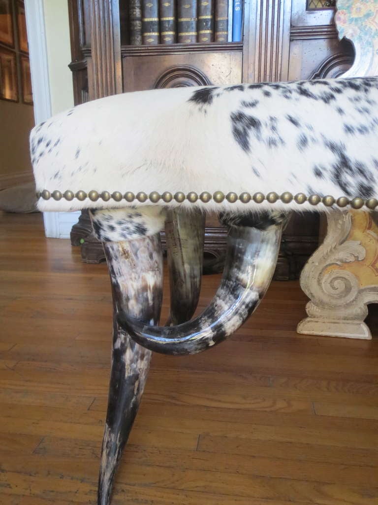 Six Legged Horn Bench w/ Cowhide Upholstery In Good Condition In Los Angeles, CA