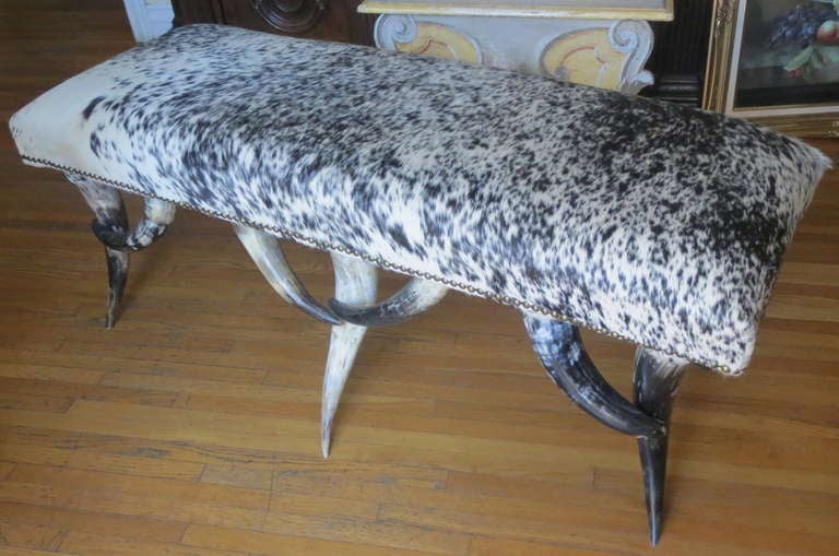 Six Legged Horn Bench w/ Cowhide Upholstery 1