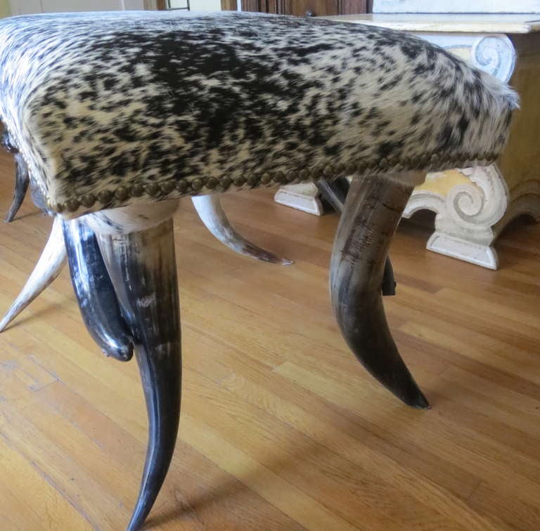 Mid-20th Century Six Legged Horn Bench w/ Cowhide Upholstery