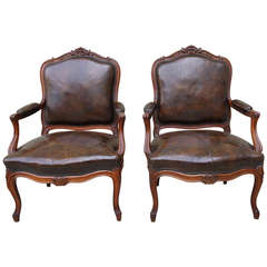 Brown Leather French Fauteils, Pair