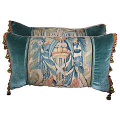 Pair of 18th Century Tapestry Pillows with Blue Velvet & Trim