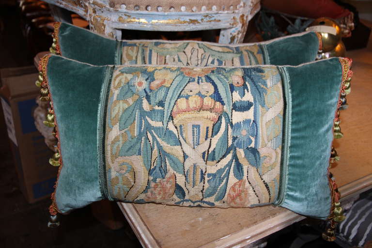 Pair of 18th Century Tapestry Pillows with Blue Velvet & Trim