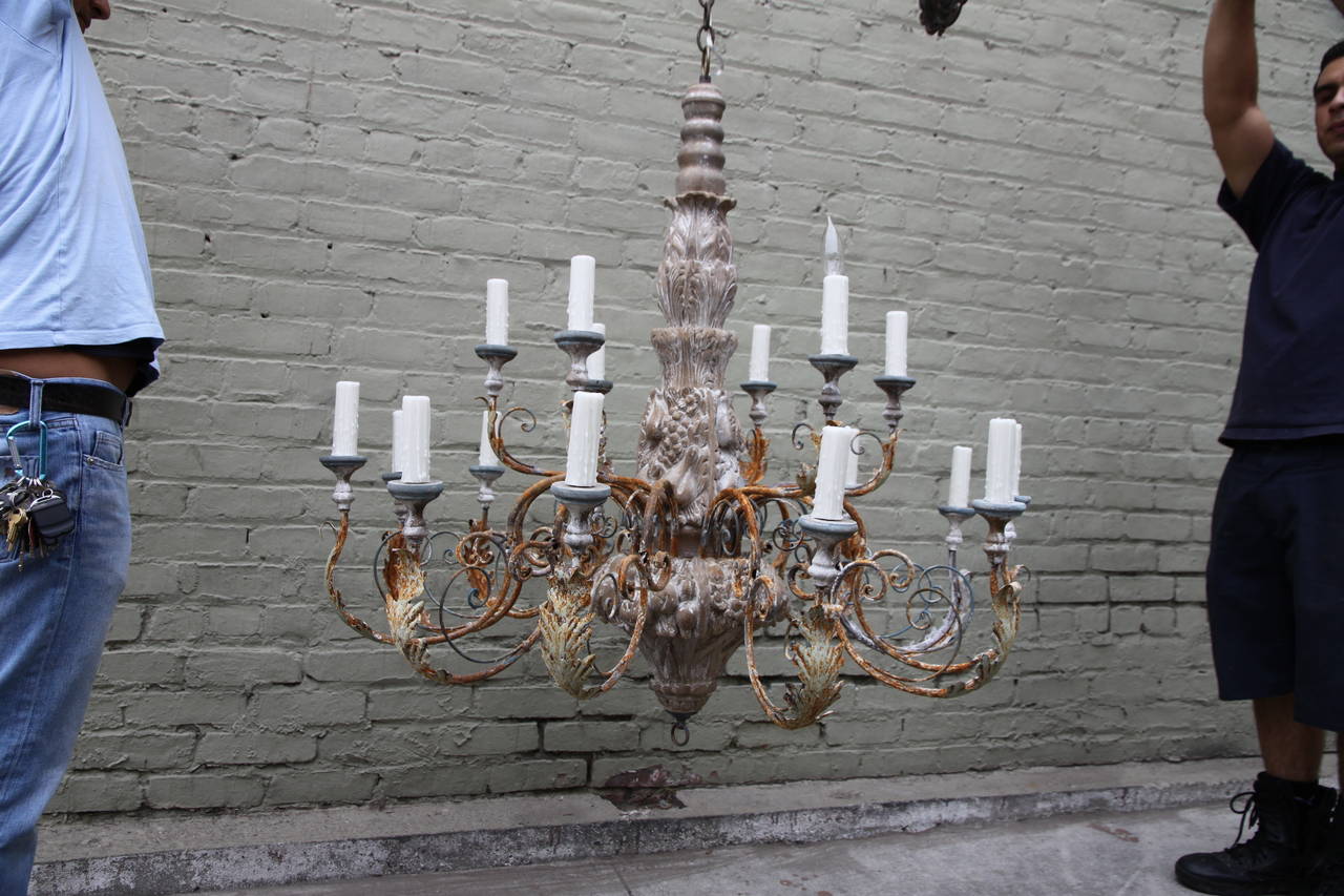 (18) light carved wood & metal Italian Chandelier.  Newly wired