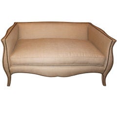 Vintage Upholstered Burlap Settee with Nail Head Trim Detail