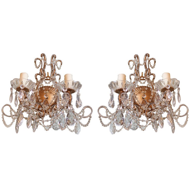 Pair of Two Light Gilt Metal and Crystal Sconces