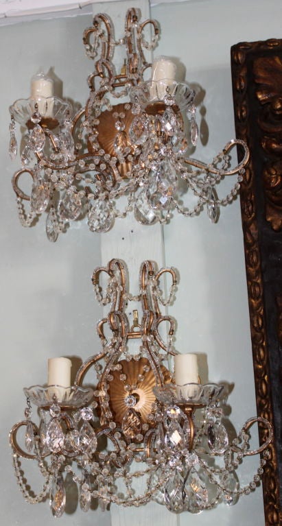Rococo Pair of Two Light Gilt Metal and Crystal Sconces