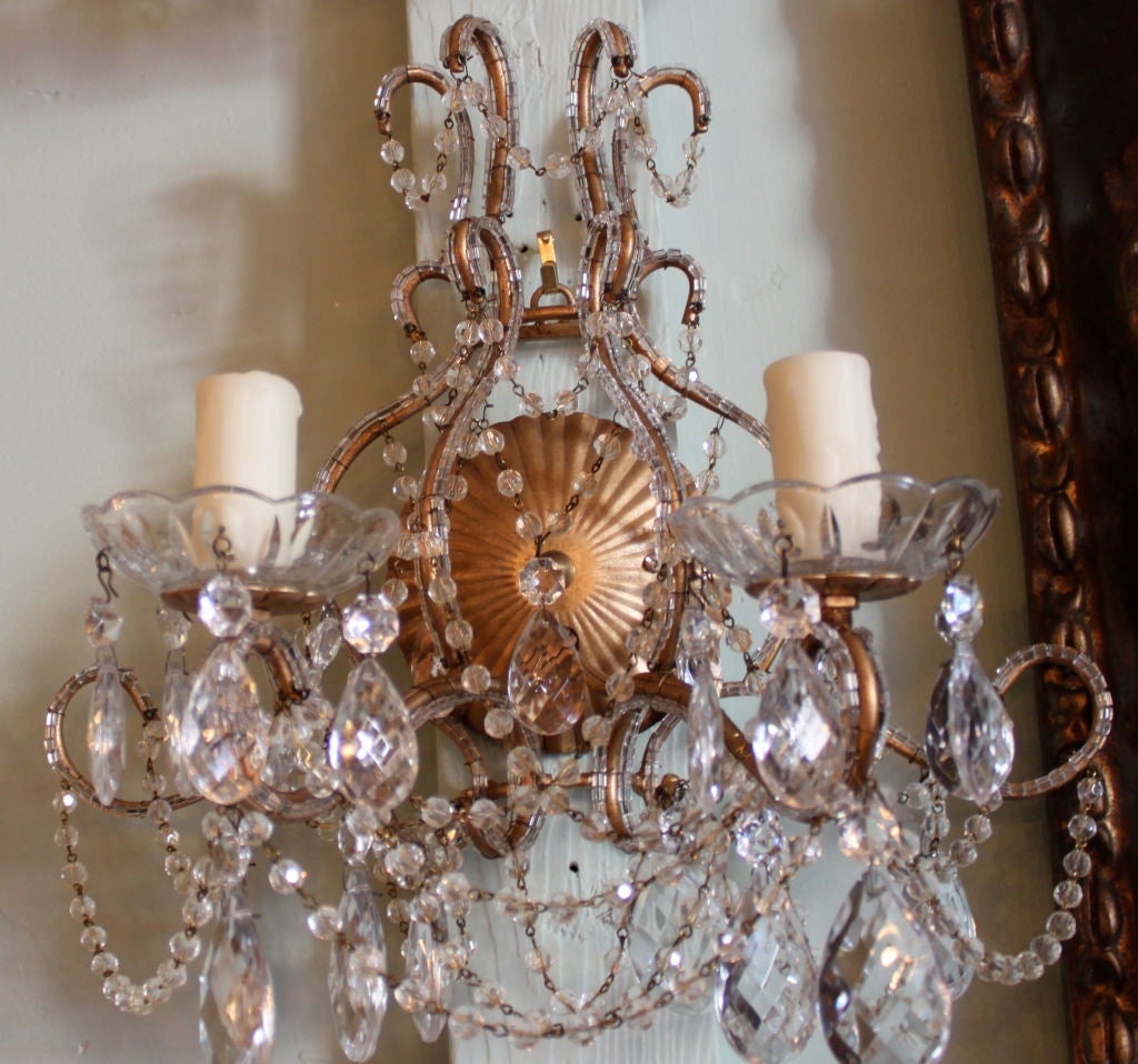 Italian Pair of Two Light Gilt Metal and Crystal Sconces