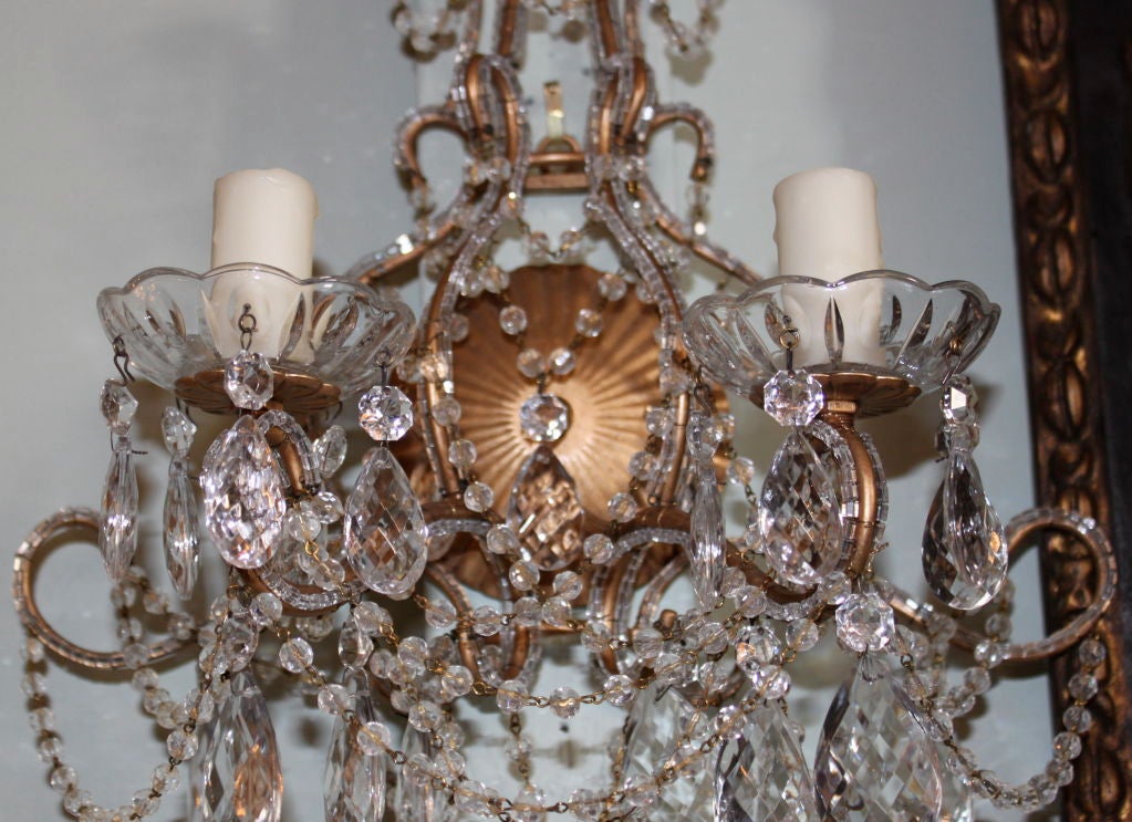 Pair of Two Light Gilt Metal and Crystal Sconces In Excellent Condition In Los Angeles, CA