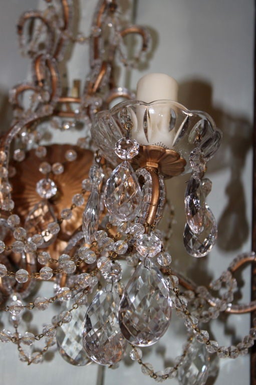 20th Century Pair of Two Light Gilt Metal and Crystal Sconces