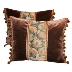 Pair of 18th C. Tapestry Pillows with Silk Velvet Background