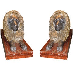 Pair of Silver & Gold Gilt Carved Lions on Faux Marble Bases