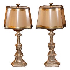 Pair of Silver Gilt Candlestick Lamps with Custom Shades