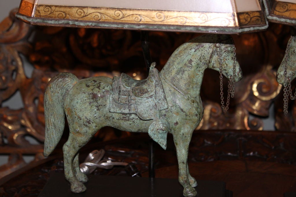 Pair of Bronze Horse Lamps with Custom Parchment Shades 1