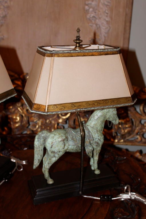 Pair of Bronze Horse Lamps with Custom Parchment Shades 2